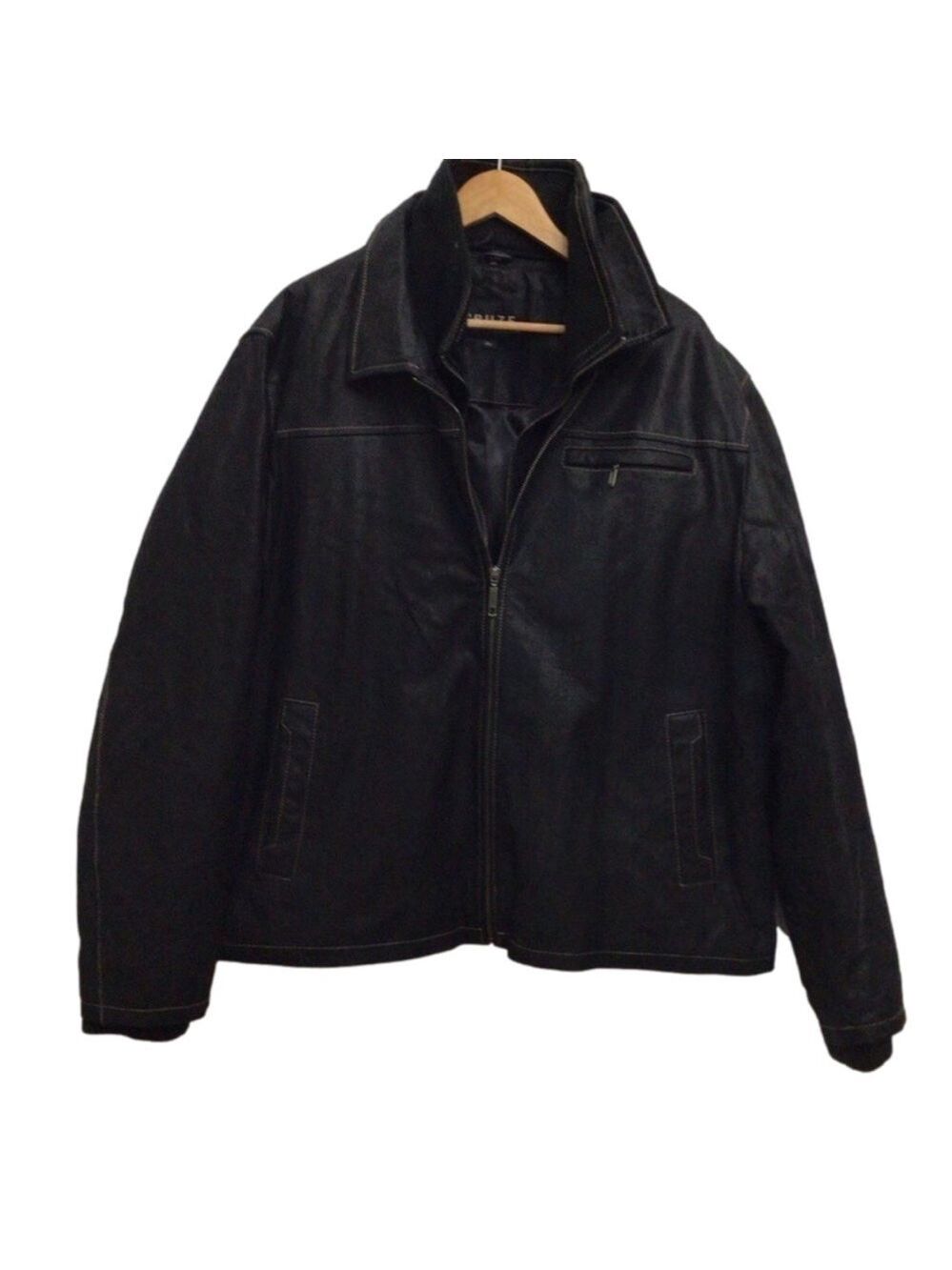 𝅺CRUZE men black genuine leather jacket mid season classic plus size 2XL